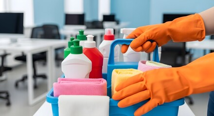 Hands in Orange Gloves Holding a Cleaning Caddy