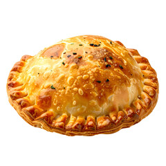 Close-up of a golden-brown, savory hand pie with crimped edges, set against black