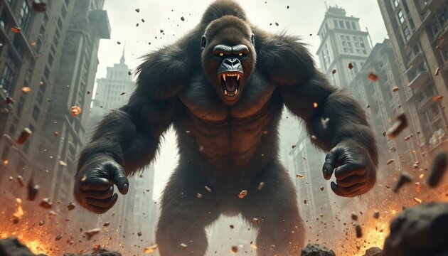 Giant ape smashes urban city street. Furious gorilla attacks buildings causing destruction with debris flying everywhere. Fierce beast roars aggressively in downtown area.