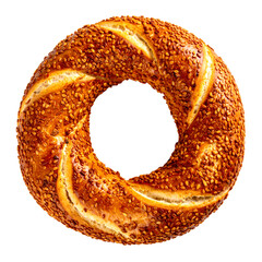 Close-up of a golden-brown sesame seed encrusted ring-shaped bread with a dark void center