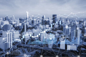 An abstract visualization of data overlays on a vibrant cityscape, capturing financial growth trends and market analytics to depict urban economic vitality. Scalp