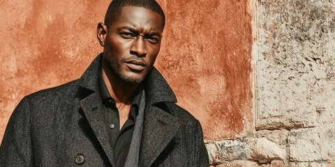 Obraz premium Modern man in textured gray overcoat stands confidently against rustic urban wall for editorial fashion.