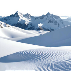 Pristine snowy landscape with mountains under a clear sky. Textured foreground