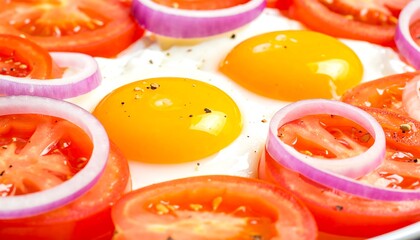 A close-up view showcases an egg cooked with vibrant yellow yolks surrounded by white, along with sliced red onions and ripe red tomatoes
