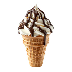 Soft-serve ice cream in a waffle cone, drizzled with chocolate sauce, on a black background