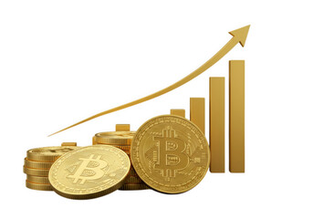 This image showcases Bitcoin coins alongside an upward-trending arrow and bar graph, symbolizing financial growth. The composition is set against a clean white background.