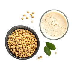 Overhead shot shows soybeans, a beverage, and leaves, all on a black background