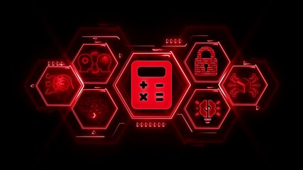 Red Neon Digital Technology Icons with Calculator in Hexagonal Grid on Black Background network calculation - Powered by Adobe