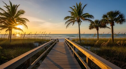 Pathway to Serenity - A Beach Boardwalk at Sunset.