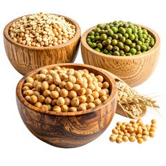 Three wooden bowls overflow with beans & grains, some spilling, plus a wooden scoop