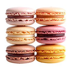 Colorful stacked macarons in a perfect square, with various fillings and a black backdrop