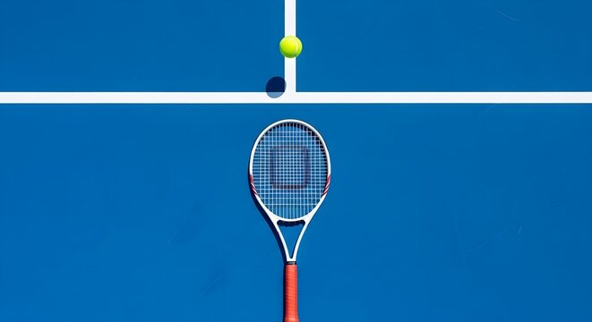 Top View of Tennis Equipment on a Blue Court
