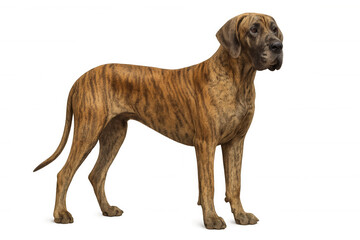 Obraz premium Brindle great dane dog standing, purebred domestic animal with transparent background, pet looking right