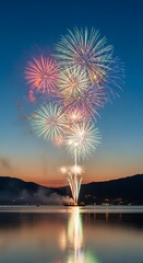 Fireworks Display Over Lake at Dusk - A Vibrant Celebration.