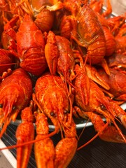 Close-up of freshly boiled red crayfish served on a plate. Delicious seafood dish, traditional cuisine, concept of gourmet meal, restaurant food and beer snack.