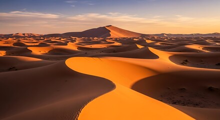 Sahara Desert Dunes at Sunset - A Golden Landscape.