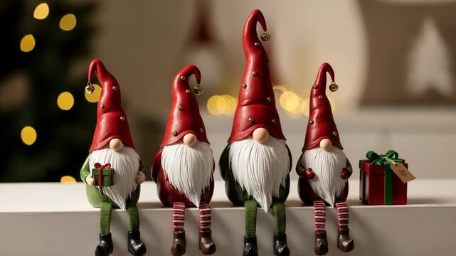 Four christmas gnomes with gifts on a shelf