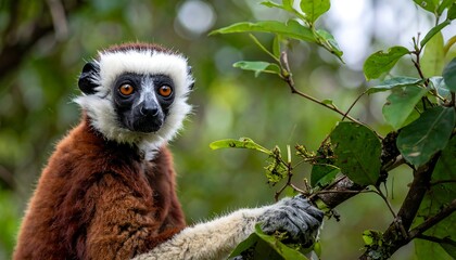 Obraz premium A curious primate with distinctive markings gazes directly at the viewer, perched amongst lush green foliage with vibrant, attentive eyes