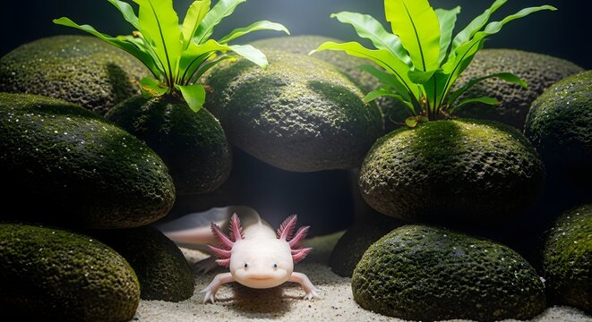 An axolotl, a leucistic salamander, rests on the sandy bottom surrounded by moss-covered rocks and ferns in an eye-level, slightly moody underwater close-up.