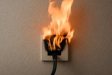 Electrical fire burning from a power outlet on a wall, creating a dangerous and urgent situation. Black cables plugged in. Fire safety is crucial.