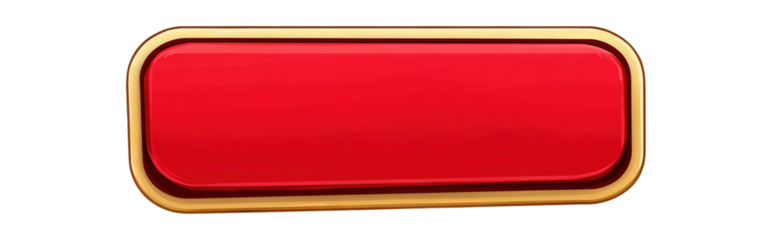 Shiny red rectangular button with a gold border on a transparent background