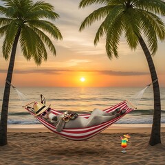 Dogs Tropical Getaway - Relaxing in a Hammock at Sunset.