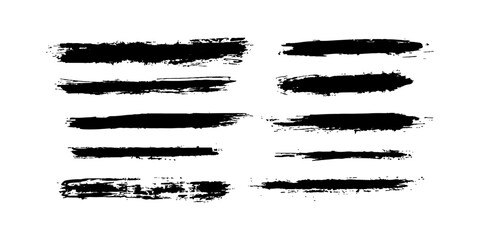 Horizontal black brushstrokes on white background. Collection of black paint strokes. Black paint brush strokes collection. Horizontal black brush lines of differing thicknesses, demonstrating. 