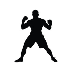 Silhouette of a muscular boxer in fighting stance on a white background, boxer in guard stance silhouette vector illustration