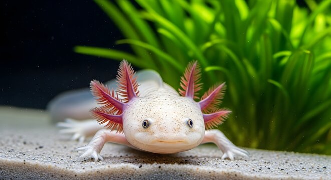 A leucistic axolotl rests on sandy substrate in a close-up shot, showcasing its feathery gills with vibrant green plants in the blurred background, creating a