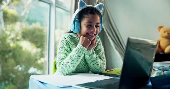 Girl, wave and video call with headphones, laptop and online tutoring for education and knowledge. Kid, elearning and excited smile for study virtual class and child development with communication