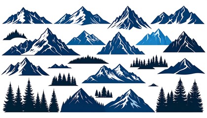 A collection of diverse mountain and forest silhouettes in shades of blue. Imagery depicts snowy peaks, dark trees, and varying compositions