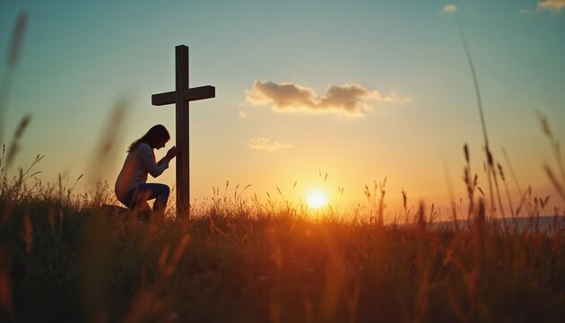 Woman kneels by wooden cross at sunset in grassy field. Prays with hands clasped, showing quiet faith, devotion. Sky orange, blue. Hope, spirituality, divine connection, peaceful contemplation fill