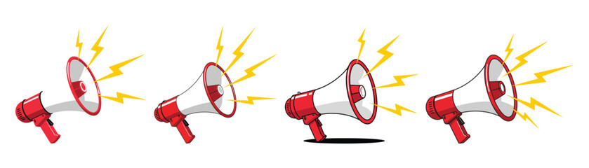 Naklejka premium Vector art of set of megaphone illustrations with sound waves, , representing announcement, promotion, communication, and marketing in a vibrant and dynamic design transparent background