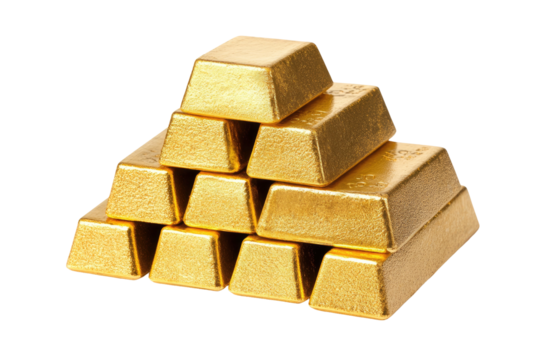 Stacked golden bars, reflecting light, isolated against a dark backdrop