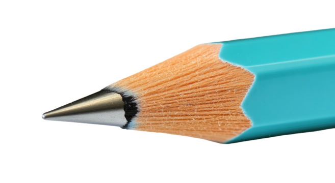 Sharp, light blue pencil point.  Wood grain & graphite. On black background