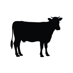 Black silhouette of a cow standing against a white background in isolation, cow silhouette vector illustration