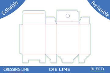 Packaging box die cut template with circular opening and folding lines