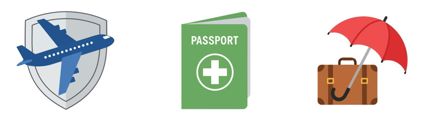 Obraz premium Vector art of travel insurance concept airplane on shield, passport with medical cross, suitcase under umbrella holiday safety and protection transparent background