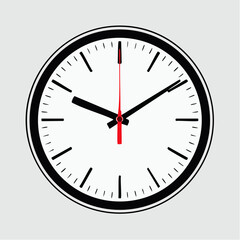 A close-up view of a classic analog wall clock with black hour and minute hands and a red second hand.