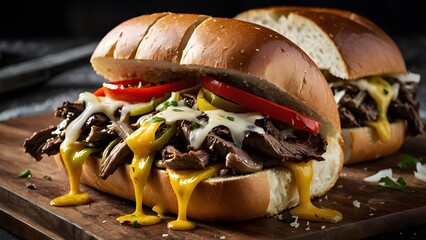 Philly steak sandwich with melted cheese, grilled onions, and bell peppers