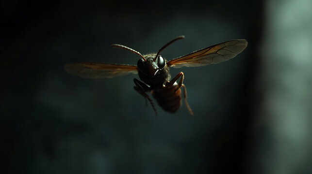 Wasp flight: A close-up of a wasp in mid-flight, wings outstretched against a blurred backdrop. Captures the insect's airborne grace and delicate structure.
