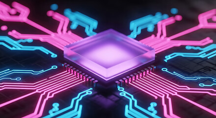 Glowing neon circuit board with central processor and data flow