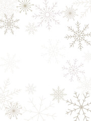 Fototapeta premium Winter Christmas holiday background with flying golden snowflakes on a white background, vector illustration. New Year's Eve background element for greetings, postcards, posters, banners with a place 