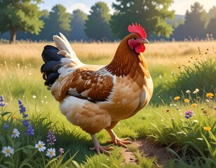 Fototapeta premium A detailed painting of a chicken amidst a colorful field with wildflowers. Lush trees and bright sunlight create a vibrant countryside scene