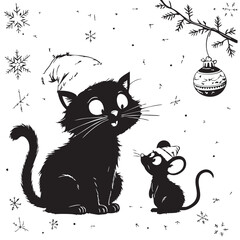 Festive Cat and Mouse Vector — Black and White Christmas Illustration with Santa Hats, Snowflakes, and Hanging Ornament