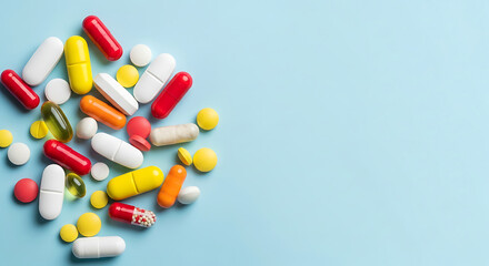 Colorful assortment of pharmaceutical pills and capsules scattered on blue background