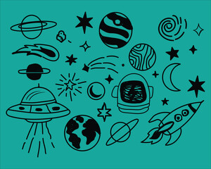 Whimsical hand drawn doodle collection of planets stars astronaut rocket ufo and moon on a teal background