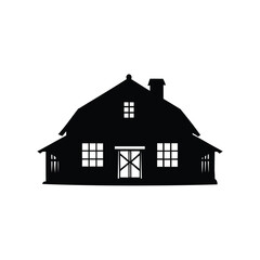 Silhouette of a classic barn house with windows and crossbuck door, farmhouse silhouette vector illustration