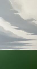 Minimalist Landscape - Green Field Under a Cloudy Sky.