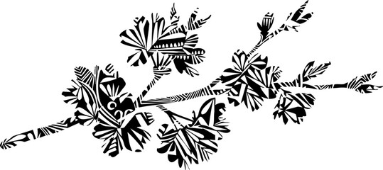 Intricate black and white floral branch design with striking geometric patterns and delicate bud details offers modern artistic appeal. © Vectors Studio